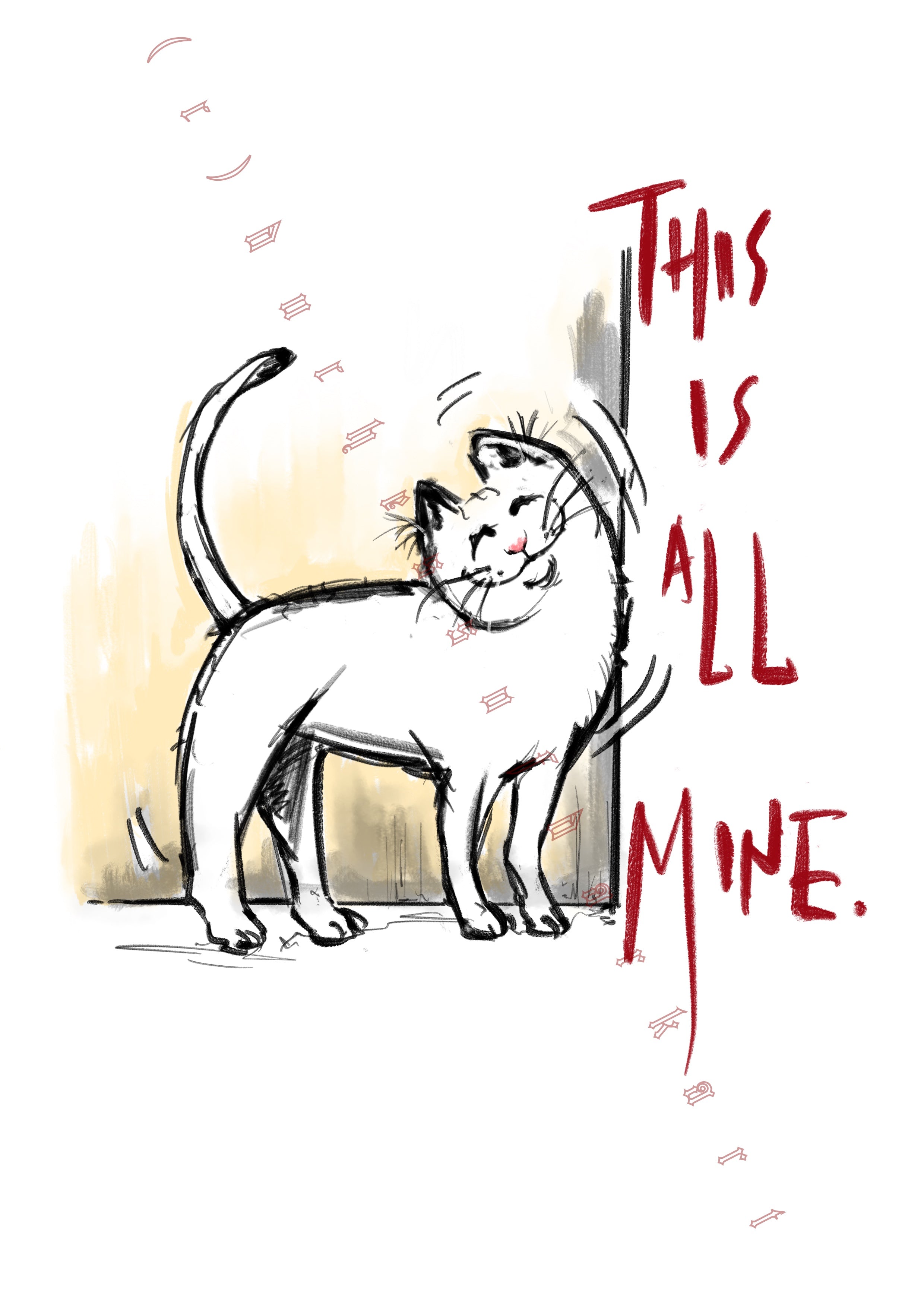 Ginger White Cat ‘All Mine’ - Giclee Fine Art Print - (Cat, kitten, cute, funny, humour, animal) A4