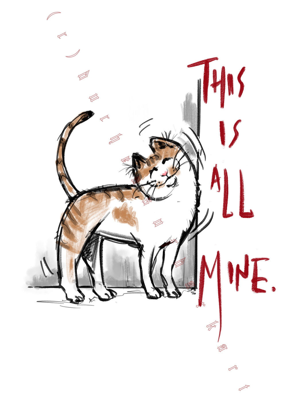 Ginger White Cat ‘All Mine’ - Giclee Fine Art Print - (Cat, kitten, cute, funny, humour, animal) A4
