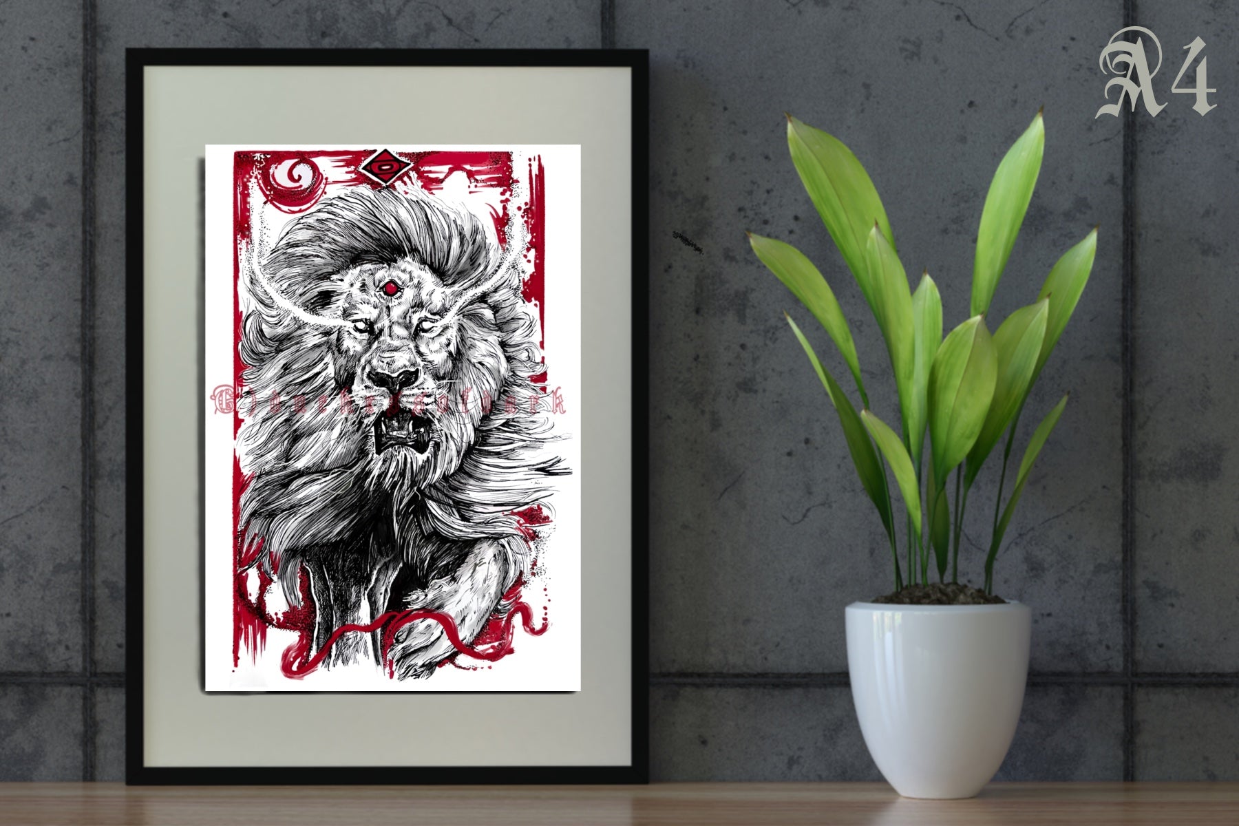Giclee Fine Art Print Lion - (Fantasy, Gothic, Power Totem Animal) A6 postcard/A5/A4