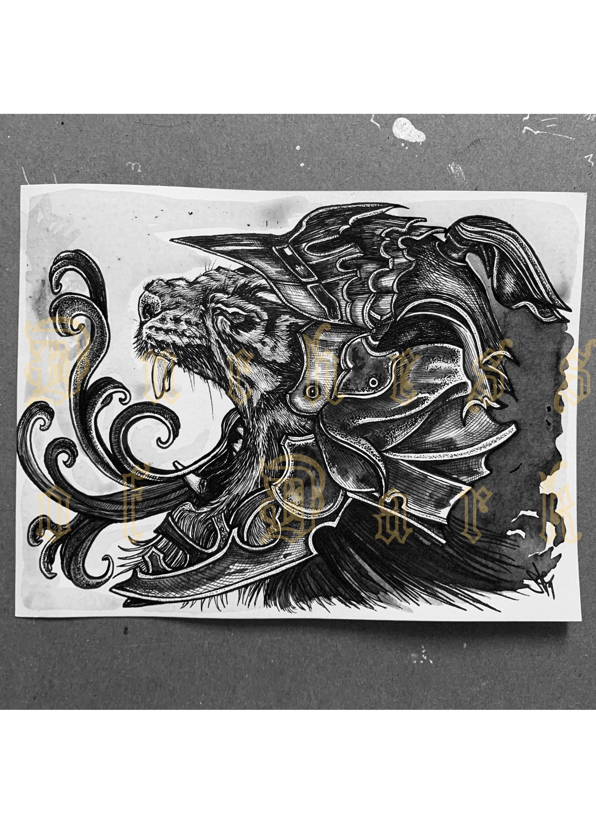 Sketchbook Page Armoured Beast Tiger Original Ink Art