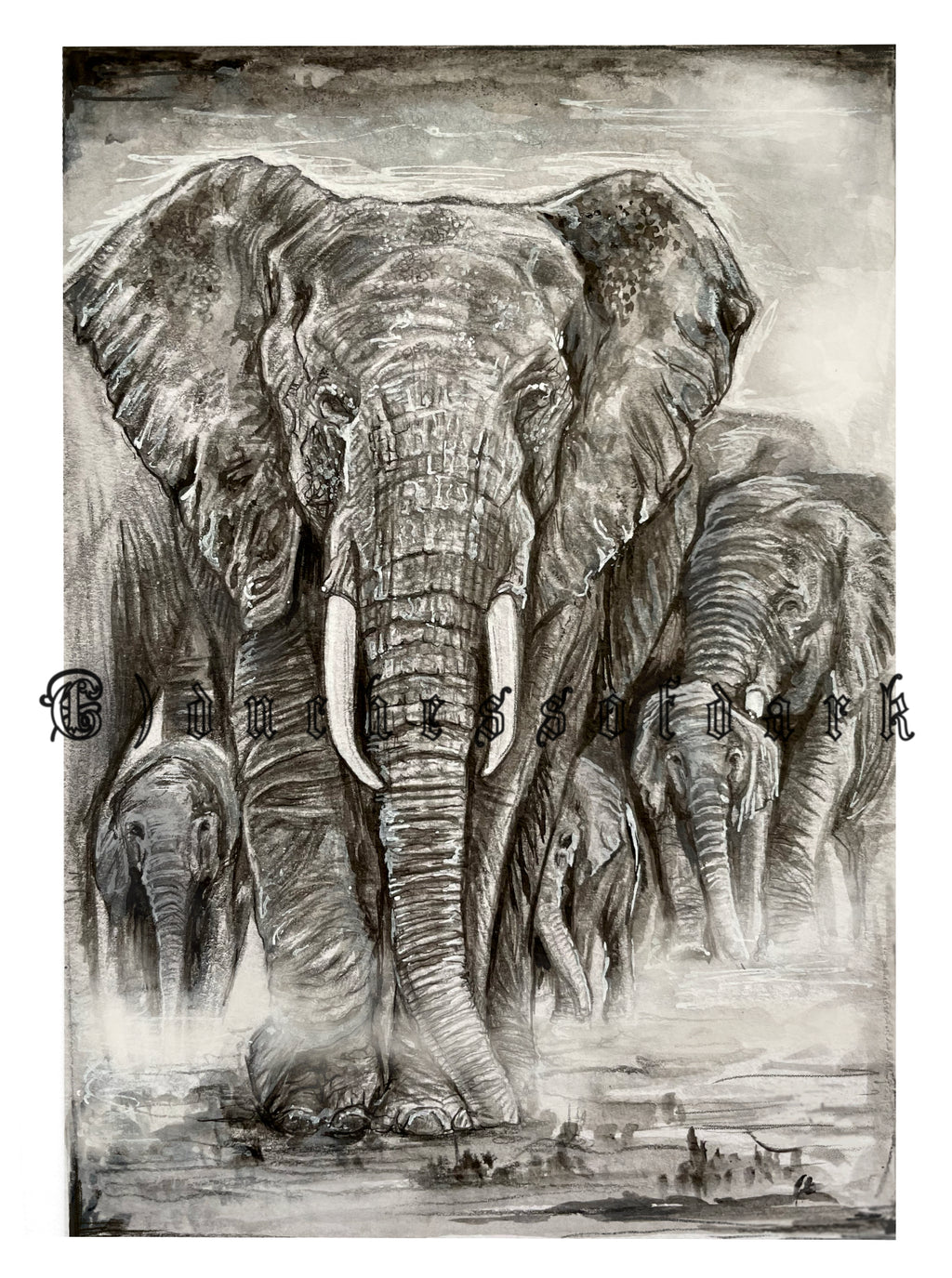 Elephant Heard ‘Family Is Everything’ - Giclee Fine Art Print T, (Wildlife, animal)A6/A5/A4