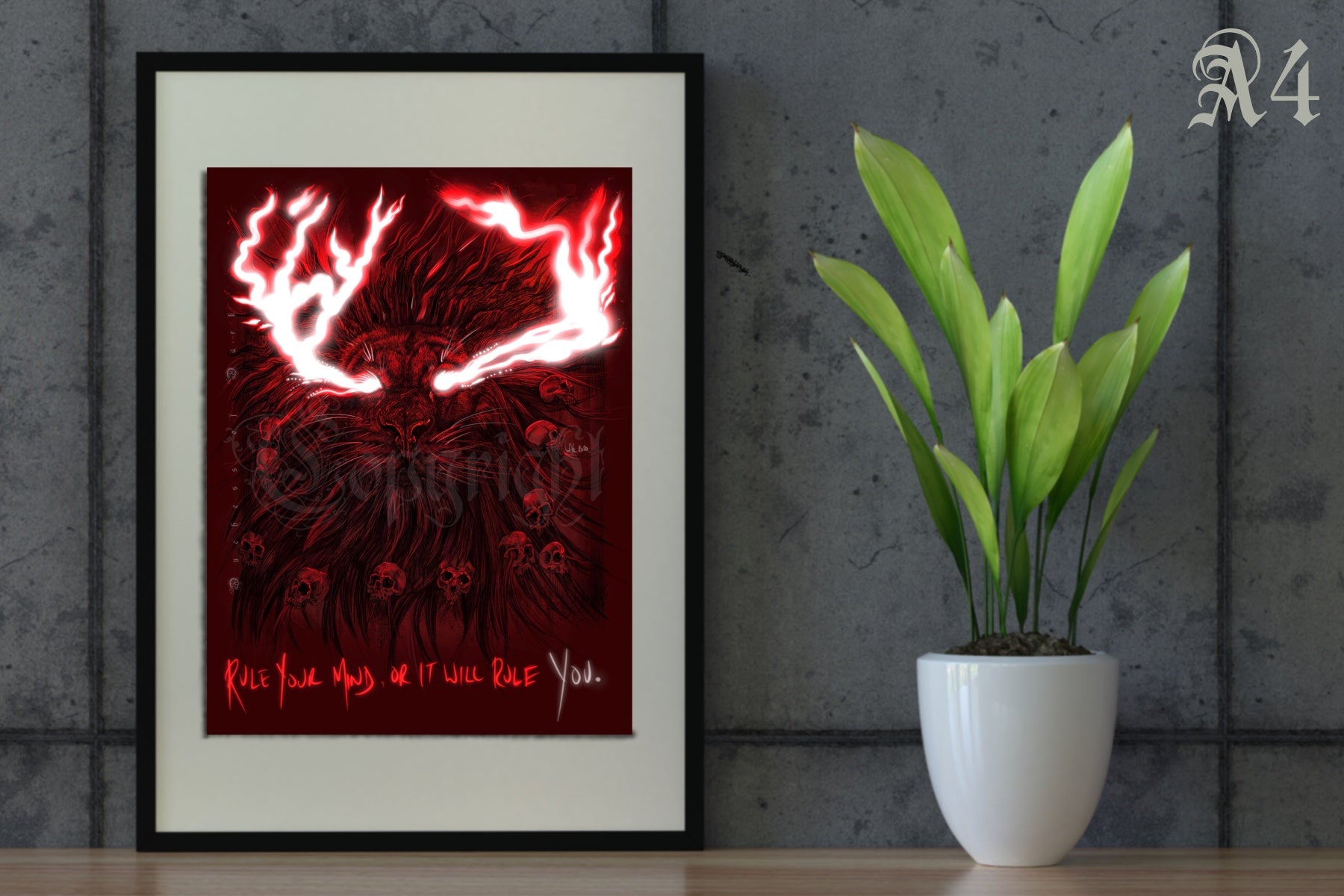 Lion Skull Giclee Fine Art Print A5/A4 ‘Rule Your Mind’ - Blood & Fire Edition art gothic print