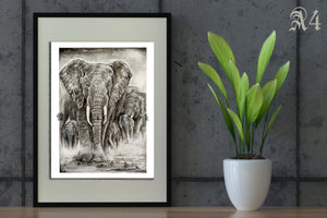 Elephant Heard ‘Family Is Everything’ - Giclee Fine Art Print T, (Wildlife, animal)A6/A5/A4